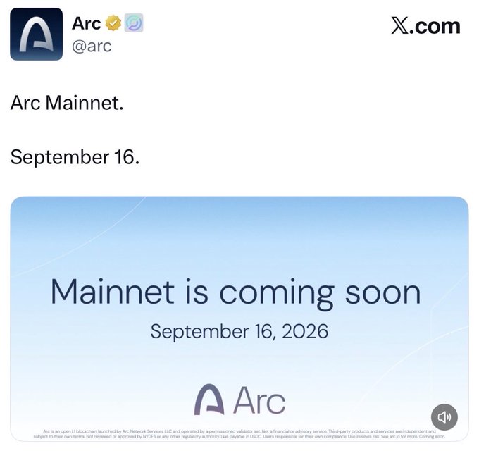 A tweet from @arc announcing 'Arc Mainnet. September 16.' with an image showing 'Mainnet is coming soon September 16, 2026' on a light blue background.