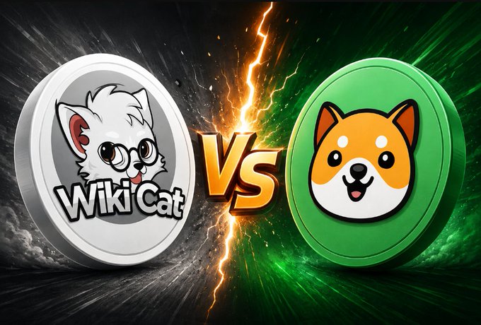 Two rival memecoin tokens clash in a dramatic battle, with a silver coin featuring a white cartoon cat labeled "Wiki Cat" on the left facing off against a green coin with an orange Shiba Inu dog face on the right, separated by a fiery "VS" and lightning. The image visually represents the post's question asking which of the two memecoins, $WKC or $BABYDOGE, investors are more bullish on.