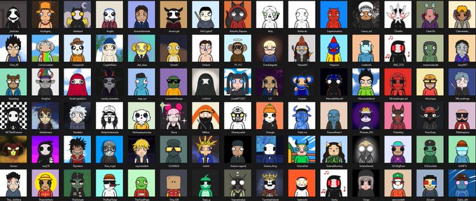 A grid display featuring over 100 unique pixel-art profile picture (PFP) characters, each labeled with names like "Zghire," "Apollon," "Knight," "Millionaire," and "CaptainFur," showcasing the diverse collection of the $Zghire meme coin community. The image visually represents the growing "real art meme coin cult" by displaying the variety of custom avatars that members are using as their profile pictures to promote the $Zghire token.