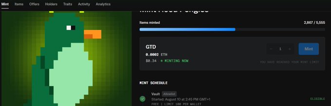 A pixel art duck (GTD) minting page shows 2,867 of 5,555 items minted at 0.0002 ETH, with the post announcing that over 50% of Pengies supply has been sold and the GTD phase is ongoing before FCFS begins in 30 minutes.