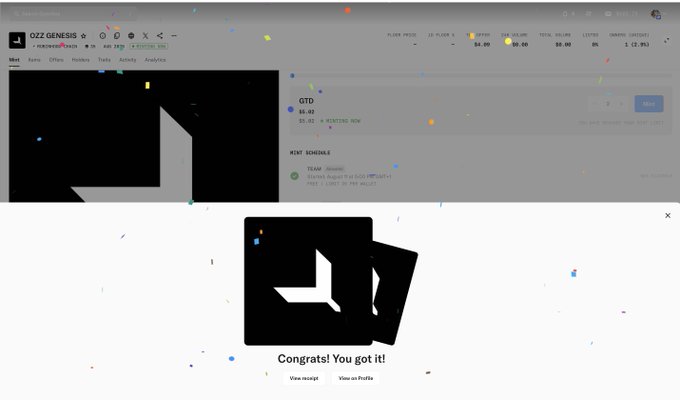 A screenshot from the NFT platform showing a user winning an "OZZ GENESIS" mint, with a pop-up message reading "Congrats! You got it!" and the "Mint Schedule" indicating "Phase 1 (500 OZ Mintlist)."