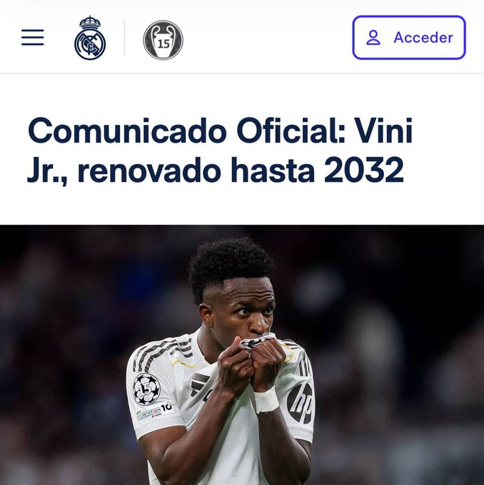 The image shows a Real Madrid website screenshot with the headline "Comunicado Oficial: Vini Jr., renovado hasta 2032" featuring a photo of Vinicius Jr kissing the Real Madrid badge on his jersey. The image directly supports the post's announcement of Vinicius Jr's contract extension to 2032, which aligned with the profitable prediction market outcome referenced.