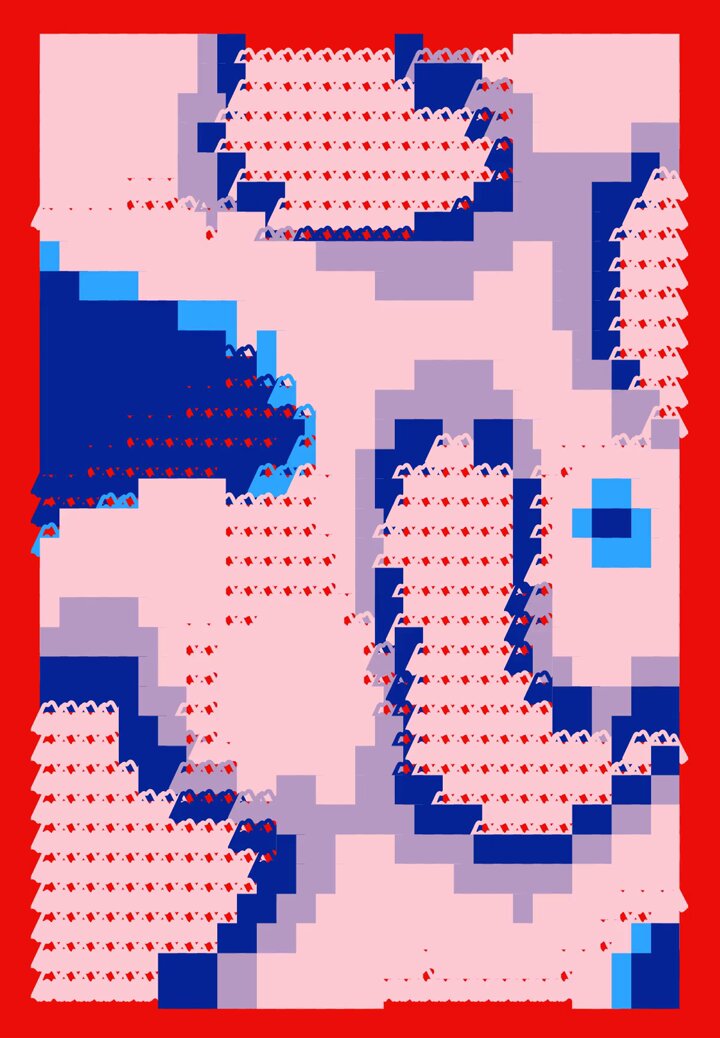 The image features a square with a pink background that has been edited into an abstract pattern using various shades of blue, red, and white. The pattern includes a mix of shapes such as circles, squares, and triangles, creating a visually interesting design. The image also contains text in the form of a caption that reads "#4086" and "Level 12 at 0.7 WETH (take-bid) Terrain Flow Muxtai X1 B35". This information suggests that the image is related to an online gaming community or a discussion about a specific game or event, possibly involving a character named " 408 6".