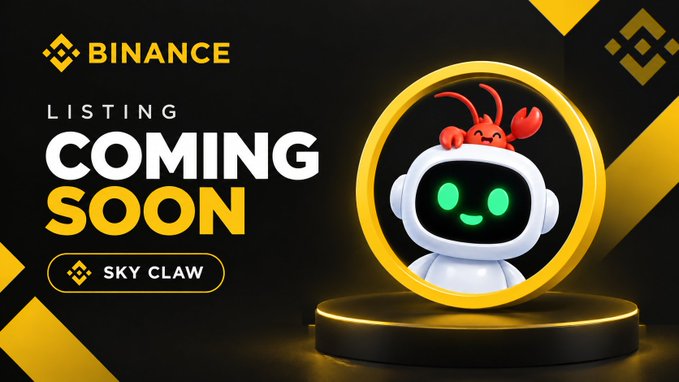 A black-and-gold Binance promotional graphic announces 'LISTING COMING SOON' for 'SKY CLAW,' featuring a cute robot mascot inside a gold ring.