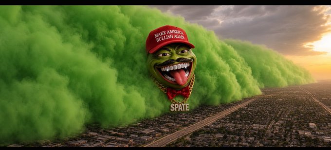 A surreal image depicts a giant Pepe the Frog character wearing a red "MAKE AMERICA BULLISH AGAIN" hat and a gold "SPATE" chain, seemingly rising out of a massive green dust cloud over a city.
