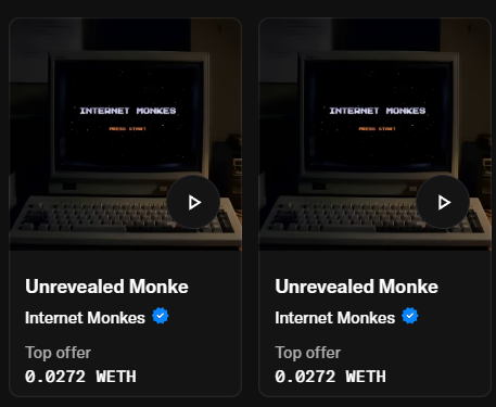 A screenshot showing two identical NFT listings for 'Unrevealed Monke' by Internet Monkes, each with a top offer of 0.0272 WETH, displayed on a vintage computer screen.