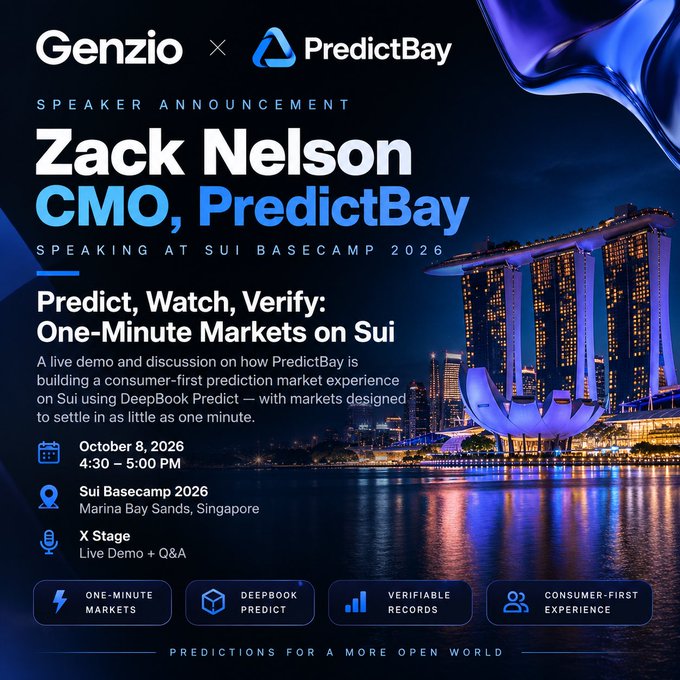 A speaker announcement graphic from 'Genzio x PredictBay' for 'Zack Nelson, CMO, PredictBay', speaking at 'SUI BASECAMP 2026' on October 8, 2026, on 'Predict, Watch, Verify: One-Minute Markets on Sui' at Marina Bay Sands.