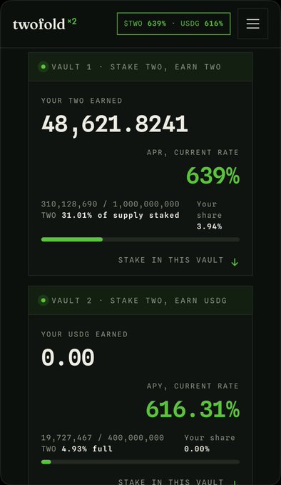 A dark-themed mobile interface for twofoldx2 shows two staking vaults: Vault 1 (Stake TWO, Earn TWO) displaying 48,621.8241 TWO earned at 639% APR, and Vault 2 (Stake TWO, Earn USDG) showing 0.00 USDG at 616.31% APV.