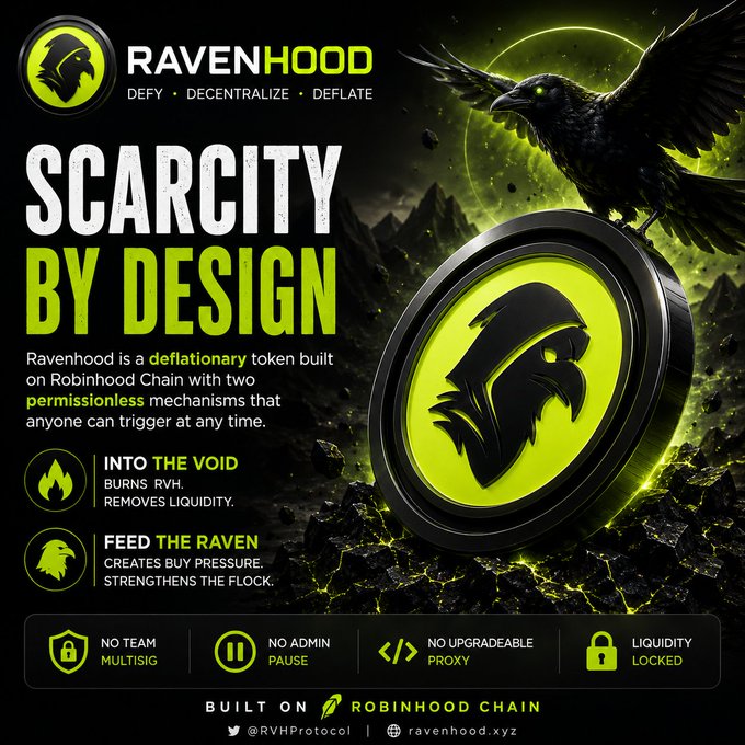Promotional graphic for Ravenhood token, with the tagline 'Scarcity by Design' and mechanisms 'Into the Void' and 'Feed the Raven', built on Robinhood Chain.