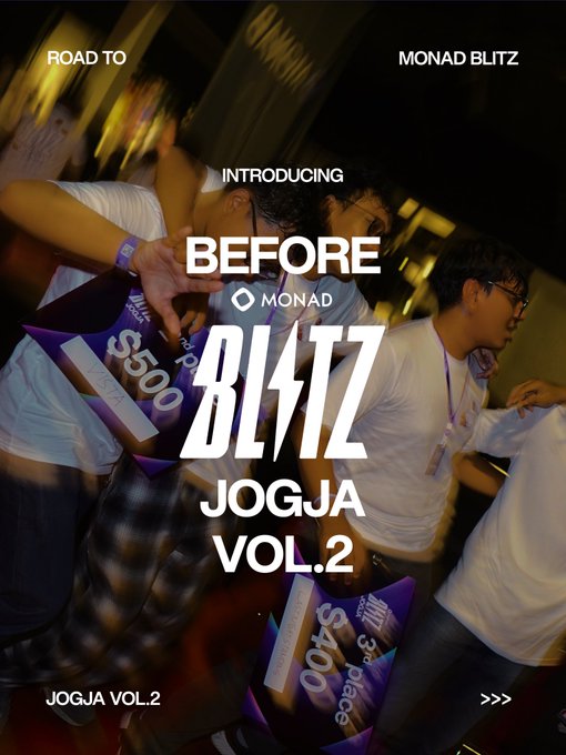 A promotional graphic with motion blur in the background showing young men at an event, overlaid with bold white text reading 'ROAD TO MONAD BLITZ', 'INTRODUCING BEFORE MONAD', 'BLITZ JOGJA VOL.2', and 'JOGJA VOL.2'.