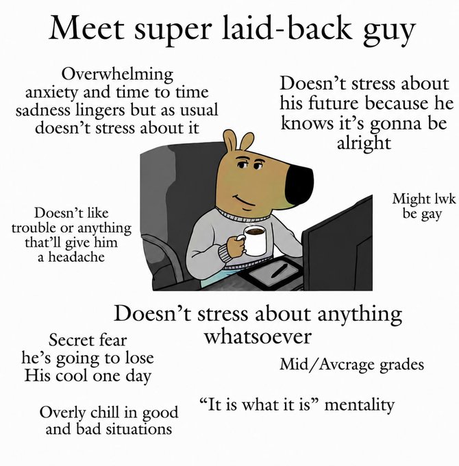 A humorous infographic titled 'Meet super laid-back guy' features an animated dog character at a computer, surrounded by text describing his nonchalant and unbothered personality traits.