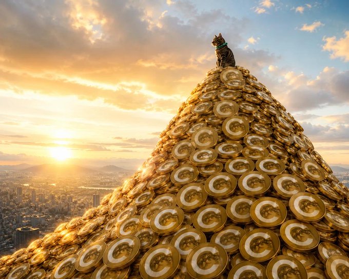 A tabby cat wearing a blue bandana sits triumphantly atop a massive golden pyramid of "CATE" tokens at sunset, symbolizing the CATE meme coin's viral rise on TikTok and its potential to climb to new heights as community engagement grows.