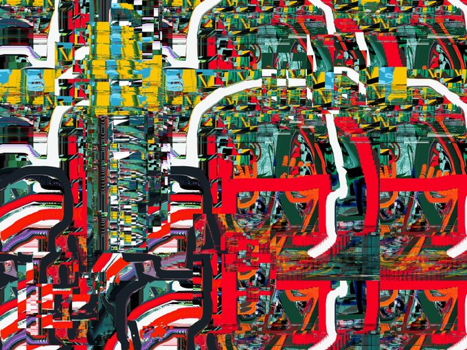 This digital artwork displays a chaotic, glitch-art composition of fragmented, pixelated geometric shapes in vibrant reds, yellows, greens, and blacks—visually echoing the recursive self-reference of "4 C0PY 0F 4 C0PY 0F 53LF." The distorted, duplicated layers mirror the text's humorous iteration, while referencing its edition size of 5 at 50 XTZ each, minted on fxhash via the Forever Library and available on objkt.com.