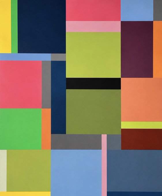 An abstract geometric composition of colorful rectangular blocks in shades of green, blue, red, pink, orange, and black.