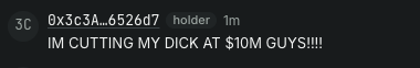 A black image featuring a cylindrical barcode design and the explicit text 'IM CUTTING MY DICK AT $10M GUYS!!!!!'.