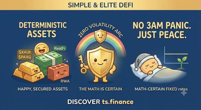A promotional graphic for 'SIMPLE & ELITE DEFI' from ts.finance featuring three sections: 'DETERMINISTIC ASSETS' with gold bars ($XAUT, $PAXG, RealFi, RWA), 'ZERO VOLATILITY ARC' with a shield character, and 'NO 3AM PANIC. JUST PEACE.' with a sleeping character.