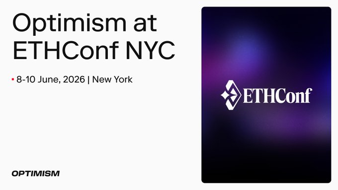 The image features a poster for an event called "Optimism at EthCon NYC". The poster displays two logos, one of which is a purple diamond with a white star inside. The text on the poster reads "Optimism at EthCon NYC" and "8/10 June, 2016 New York", indicating that the event will take place in New York City on the 10th of June. The main stage for the event is scheduled to be held from 8:30 to 4:30 ET.