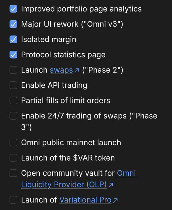 A dark-themed checklist showing completed items like 'Improved portfolio page analytics' and 'Major UI rework (Omni v3)', with unchecked upcoming items including 'Launch swaps (Phase 2)' and 'Omni public mainnet launch'.