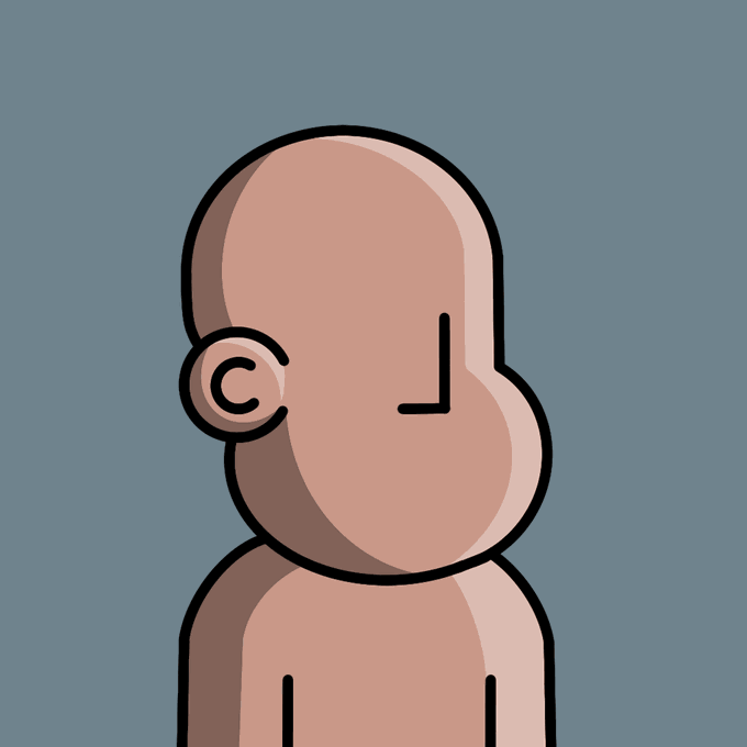The image features a cartoon character with a bald head wearing a pink shirt. The character appears to be looking off into space, giving an impression of contemplation or daydreaming. The caption below the image reads "I don't want to tweet about @npconchain every day, but I can'T stop myself. Team, please do what you promise and send this collection to zero already so I can finally be free from this addiction".