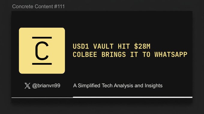 A dark-themed graphic titled "Concrete Content #111" with a large "C" logo, featuring the text "USD1 VAULT HIT $28M" and "COLBEE BRINGS IT TO WHATSAPP", attributed to "@brianvn99" as "A Simplified Tech Analysis and Insights".