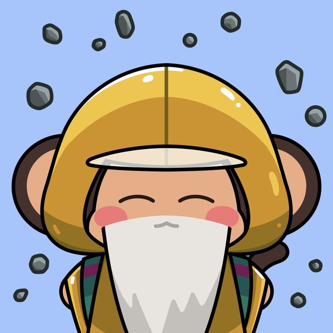 A cartoon illustration of a cute character wearing a yellow helmet with monkey-like ears and a white beard, surrounded by floating rocks against a light blue background.