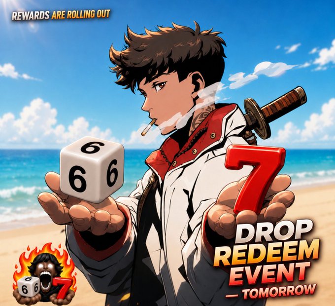 An anime-style promotional graphic showing a character holding a die showing '6' and a red '7', with text 'REWARDS ARE ROLLING OUT' and 'DROP REDEEM EVENT TOMORROW' against a beach backdrop.