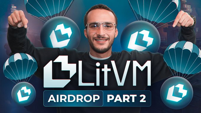 The image features a man standing next to a banner that says "LitVM" with several parachutes falling from above, including one shaped like a heart. The text at the bottom of the image reads "NEW VIRAL! LitVM Testnet Airdrop Guide Part 2 [FREE CRYPTO AIRDROP TUTORIAL!" and there is also an image of a man holding up his hand with a thumbs-up sign, indicating that he is promoting or sharing this content.