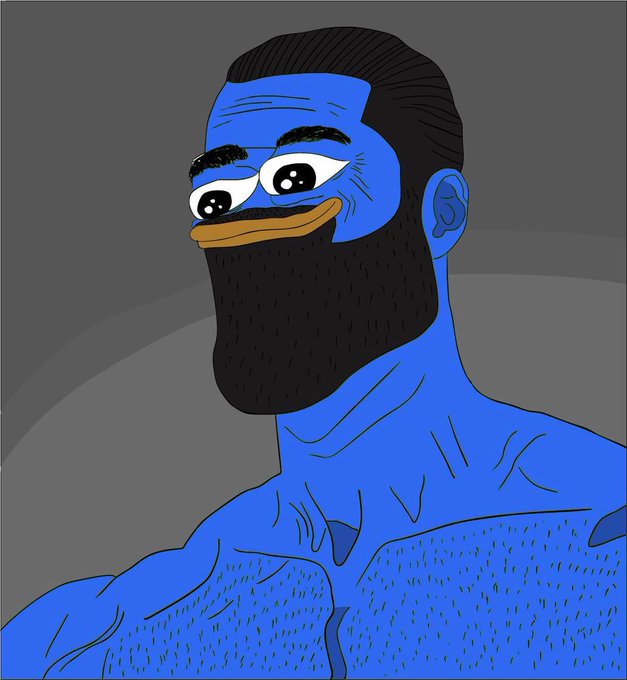 A cartoon illustration of a muscular blue-skinned figure resembling a 'Pepe' style character with a thick black beard, large expressive eyes, and slicked-back hair.