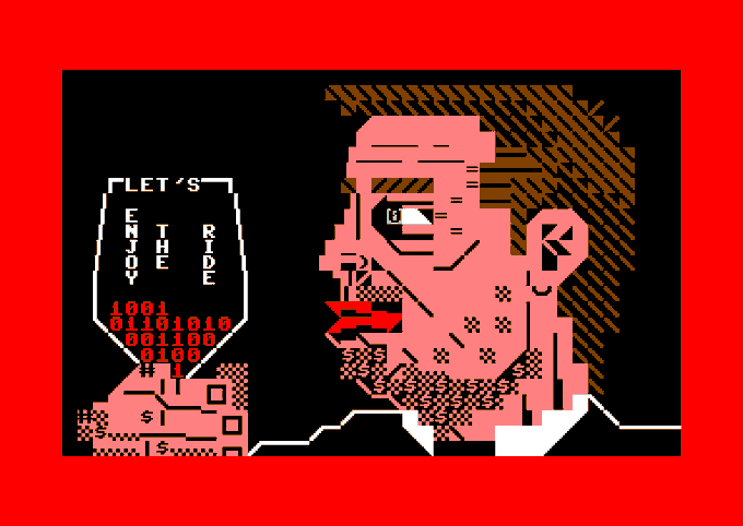 A pixel-art style graphic with a red border and black background shows a pink-tinted character next to a device displaying the text 'LET'S ENJOY THE RIDE' and binary code numbers.