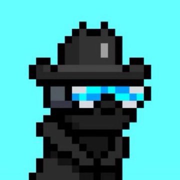 A pixel art character depicting a figure in all-black attire including a wide-brimmed hat and glowing cyan visor/eyes, set against a bright cyan background.