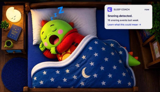 An illustration of a green character sleeping in a star-patterned blanket with 'Z Z Z' above its head, accompanied by a 'SLEEP COACH' notification reading 'Snoring detected. 16 snoring events last week'.