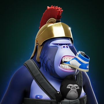 A cartoonish 3D-rendered gorilla wearing a gold Spartan-style helmet with a red crest is biting down on a blue and white sneaker, while cradling a small black monkey plushie. The image ties into the post's call to "Show your apes" by featuring a stylized ape character, likely referencing the Degen Ape Academy NFT collection.