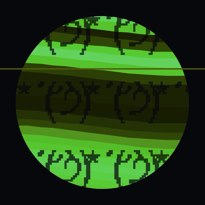A pixelated green circle filled with glitchy "KAOS" text in varying shades of green and black, illustrating how "Kaos" has replaced the older "Squiggles" meme aesthetic with chaotic, distorted lettering.