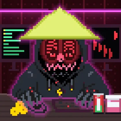 A pixel-art character with a glowing red skull face wears a yellow conical hat, seated in a cyberpunk-style room with computer monitors displaying graphs in the background.