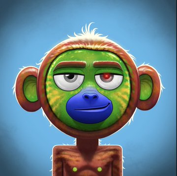 A 3D illustration of a green monkey-like character with large ears, one red eye, and brown fur.