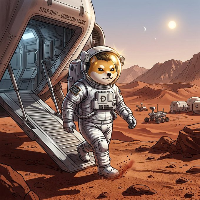 An illustrated Shiba Inu dog wearing a white spacesuit with a 'D' logo walks down the ramp of a starship labeled 'STARSHIP - DOGELON MARS' onto the red Martian surface, with rovers and habitat modules visible in the background.