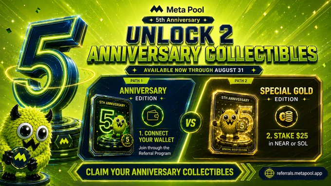 Promotional banner for Meta Pool's 5th Anniversary collectibles event, offering Anniversary Edition and Special Gold Edition collectibles available through August 31.