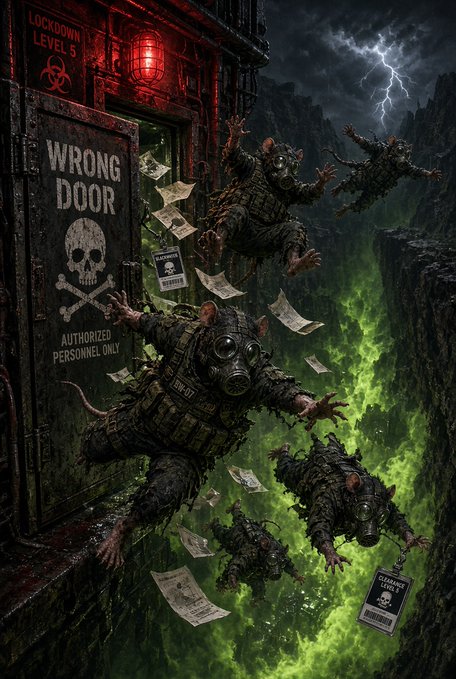 A post-apocalyptic scene depicts anthropomorphic rats in tactical gear and gas masks fleeing a "Lockdown Level 5" facility through a "Wrong Door - Authorized Personnel Only" entrance, plummeting into a toxic green chasm lit by a flash of lightning, while scattered papers reading "Clearance Level 5" flutter around them—matching the narrative of a "3 Doors Game" where the wrong choice leads to a deadly fall, tying into the "#BWLockdown" theme of survival and consequences.