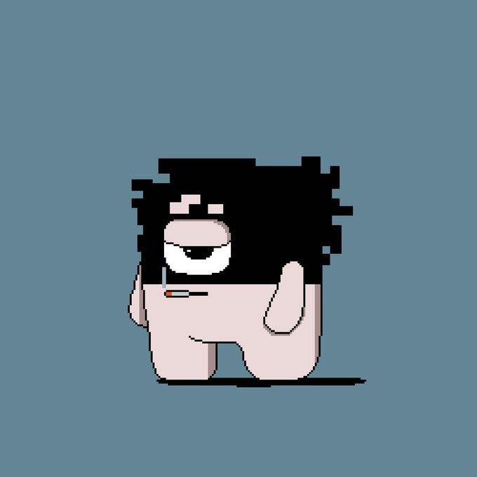 A pixel art illustration of a small, pale pink creature with messy black hair, a single large eye, and a thumbs-up gesture against a gray background.