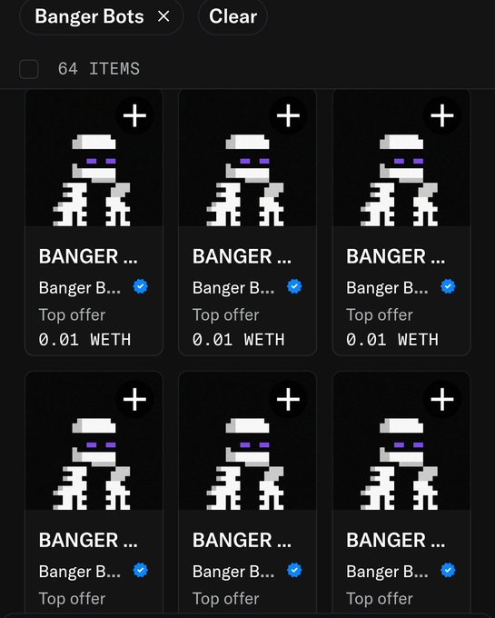 A marketplace interface displaying '64 ITEMS' under the search tag 'Banger Bots,' showing a grid of identical skeleton character NFTs priced at '0.01 WETH' as 'Top offer'.