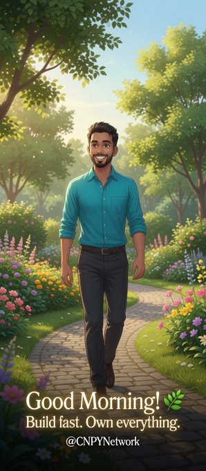 A digital illustration of a smiling man walking through a garden path with the text 'Good Morning! Build fast. Own everything. @CNPYNetwork'.