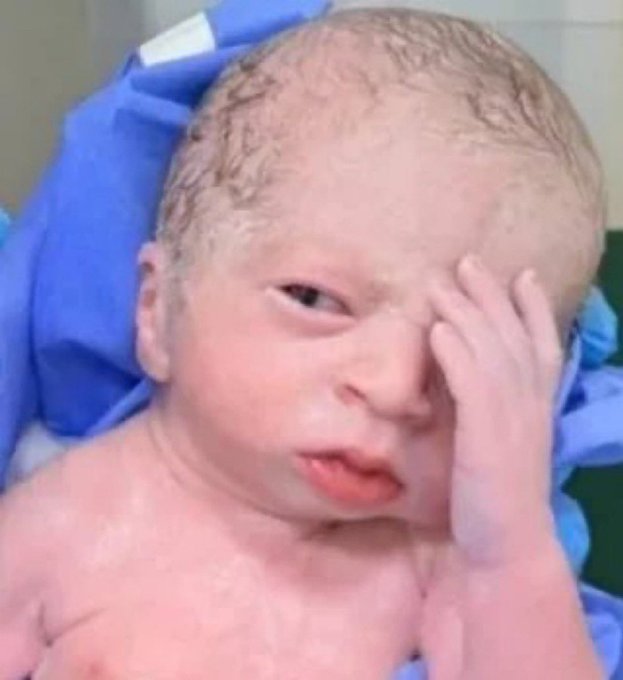 A newborn baby with a frustrated expression covers one eye with its hand, appearing to perform an exaggerated facepalm gesture that perfectly captures the mood of exhaustion and exasperation. The relatable meme aligns with the post's weary sentiment about crypto struggles, expressing fatigue with a humorous "goodnight" sign-off.
