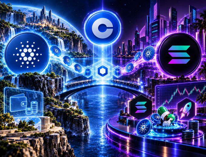 A digital art collage featuring cryptocurrency logos including Cardano (ADA), a stylized 'C' logo, and Solana alongside futuristic cityscapes, glowing blockchain networks, and rocket imagery.