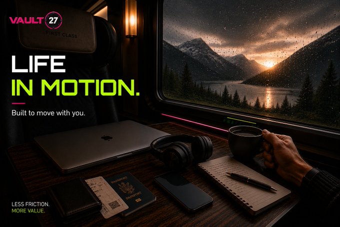 A travel advertisement for 'VAULT 27' with the tagline 'LIFE IN MOTION. Built to move with you. LESS FRICTION. MORE VALUE.' shows a desk on a train with a laptop, headphones, passport, phone, and coffee, set against a window view of mountains at sunset.