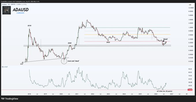A TradingView chart of Cardano (ADAUSD) from Coinalyze.net shows the weekly price action from 2018 to 2026, with ADA declining from its 2021 peak toward a major historical support zone around $0.10–$0.15, labeled as the "meet and 'dead'" area. An annotated note reads "all time low (4 years)" near the current price level, reinforcing the post's theme that ADA is sitting at historically significant support where it has either previously died out or offered maximum opportunity for a reversal.