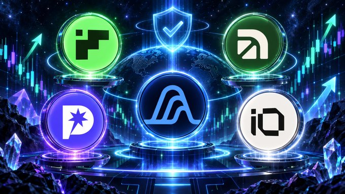 A stylized graphic featuring five cryptocurrency or tech logos arranged around a central blue 'A' (Avalanche) emblem, set against a cosmic background with candlestick charts.