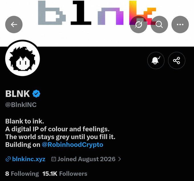 A Twitter/X profile page for @BlnkINC (ticker: BLNK), showing a verified account with 15.1K followers and a bio describing it as "Blank to ink. A digital IP of colour and feelings. The world stays grey until you fill it. Building on @RobinhoodCrypto," with a pixelated hooded character as the profile picture, which corresponds to the post highlighting the project's 3,444 supply on Robinhood.