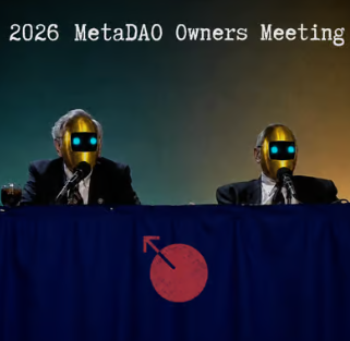 Two humanoid robots in suits with glowing blue eyes sit at a table labeled "2026 MetaDAO Owners Meeting," with a logo featuring a pie chart and upward arrow on the tablecloth, humorously framing the MetaDAO project as a futuristic meeting of AI owners to fix the broken link between tokens and actual ownership/value—contrasting with Warren Buffett and Charlie Munger's traditional value-investing approach.