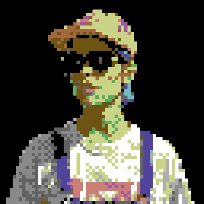 A highly pixelated, low-resolution image showing a person wearing a cap, sunglasses, and a shirt with straps, with visible color artifacts throughout.