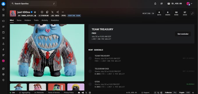 A screenshot of OpenSea displays the "just 100ns" NFT collection page, priced at 1.45 ETH, featuring a blue monster character in a blood-stained suit alongside mint schedule details including a Team Treasury mint starting July 20 at 11:30 AM EDT and a sold-out GTD allocation of 0.0005 ETH. The image supports the post by showcasing the project's mint information and collection artwork that the community is excited to participate in through the secured GTD spot.